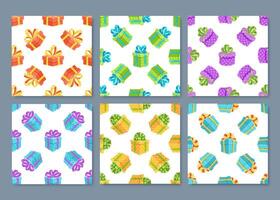 Cartoon seamless pattern gift box set with colorful ribbon presents. Wrapped surprises perfect for a birthday party background. Each unique box adds festive decoration. vector