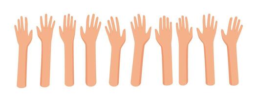 Colorful flat open hand set with raised human gestures. Open bare hands symbolize solidarity, community, and support. Bright and diverse concept perfect for promoting teamwork aid. Ideal for banners, vector