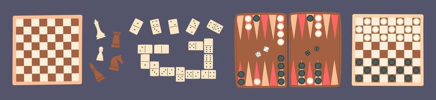 Flat strategy board game set with chess, checkers, domino, backgammon, and mahjong. Boardgame pieces, including dice and tiles, arranged on table. Fun tabletop activity for strategy, leisure, or vector
