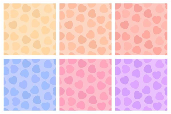 Colorful Pastel Heart Pattern Set, Cartoon Hearts Seamless Patterns, ideal for designs, decorations, and creative projects.