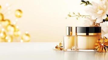 Beauty products with gold flowers and perfume on a white background photo