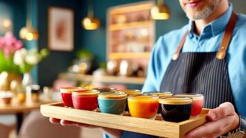 A waiter holding a tray with different colored drinks photo