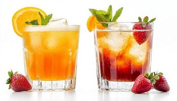 Two glasses of orange and strawberry drinks with ice photo