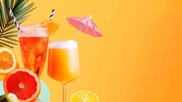 Two glasses of orange juice with a lemon slice and umbrella photo