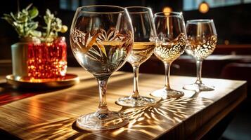 Three wine glasses with wine on a table photo