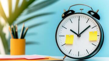 Clock with sticky notes on desk with blue background 3d render photo
