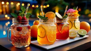 Four different types of drinks are on a table photo
