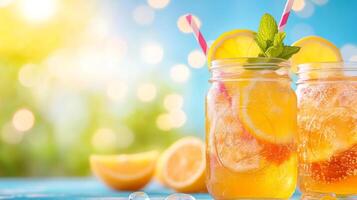 Two mason jars with lemonade and ice photo