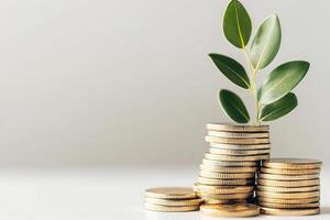 Stack of coins with green plant on white background photo