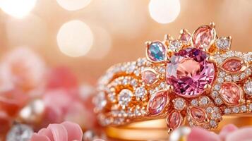 A pink diamond ring with a pink stone photo