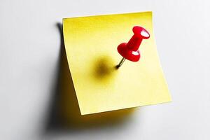 A red push pin on a yellow sticky note photo