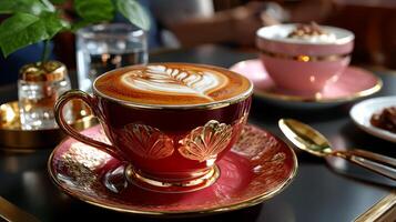 A coffee cup with a latte art on it sitting on a table photo