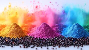Brightly colored powders form mounds, producing a mesmerizing display of vibrant hues photo