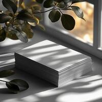 White Business Card Mockup on Windowsill with Window Shadows and Greenery - Minimalist photo