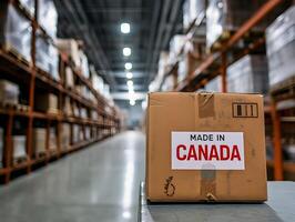 Warehouse filled with products and a prominent box marked made in Canada sits on a shelf ready for shipment during busy work hours on a weekday photo