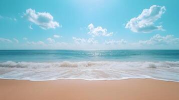 Sunny beach with calm turquoise waters and gentle waves lapping at the sandy shore in a serene coastal setting photo