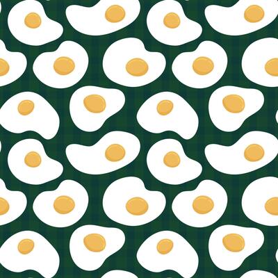 Fried eggs seamless pattern. Sunny side up eggs pattern on green plaid background. Healthy breakfast pattern for wrapping paper, fabric, cover design