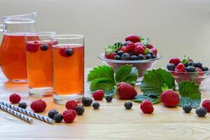 Two glasses filled with a berry beverage sit on a wooden table beside bowls of fresh raspberries and blueberries. Strawberries add a pop of color to the lively arrangement. photo