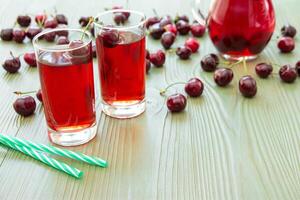 Two glasses of juice, green straws, scattered cherries, jar of cherry juice, on right empty space for text on green background. Cherries, cherry juice and empty space. Horizontal. photo