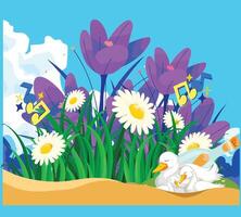 Ducks relaxing in a field of flowers with musical notes vector