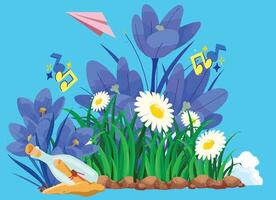 A cheerful message in a bottle amongst vibrant spring flowers. vector