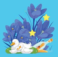 Ducks Family Resting by Flowers with a Message in a Bottle vector