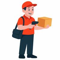 A delivery person scanning a package while holding it in their hand. vector