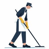 A man in an apron and rubber gloves is sweeping the floor vector