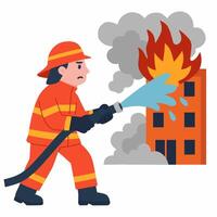 A firefighter extinguishing flames from a burning building with a hose. vector