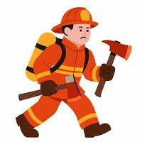A cartoon firefighter in uniform, carrying an axe and wearing a helmet, ready for action. vector