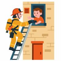 A firefighter rescues a child from a building using a ladder. vector