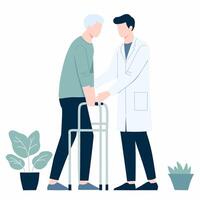 An illustration of a doctor helping an elderly man with a walker vector