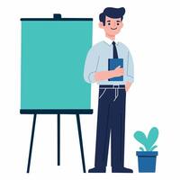 A professional man stands beside a flip chart, holding a notebook, ready for a presentation. vector