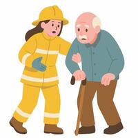 A firefighter assists an elderly man, showcasing compassion and support in a rescue scenario. vector