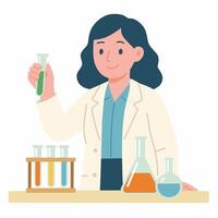 A scientist in a lab coat holds a test tube, surrounded by various laboratory glassware. vector