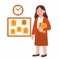 A woman in a business suit stands next to a board with a clock and notes vector