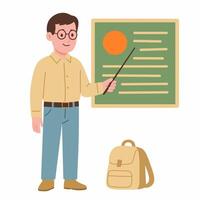 A person presenting information with a pointer next to a backpack and a chart. vector