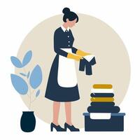 A woman in an apron is holding a stack of clothes vector