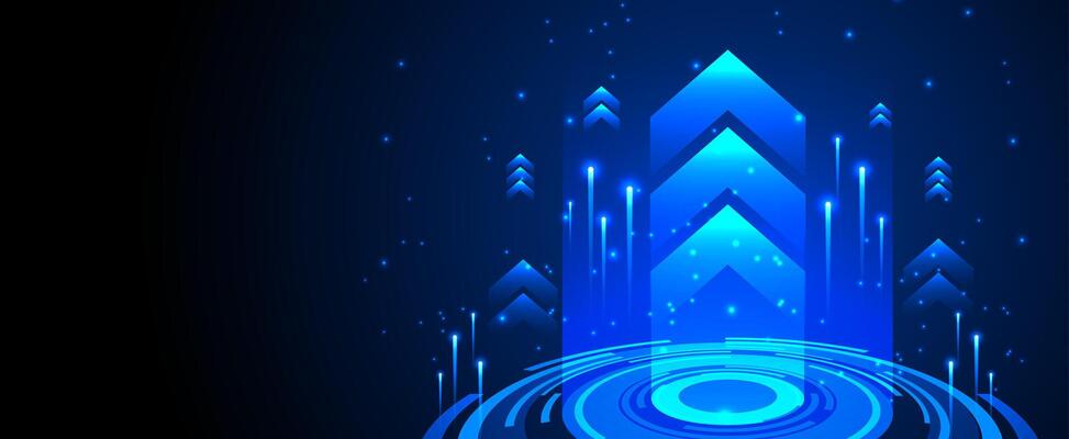 Dark blue background with technology growth arrows with neon light effects and futuristic rings