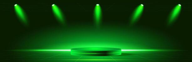 Green studio podium technology background with spotlight effect for product presentation. Perspective template design vector