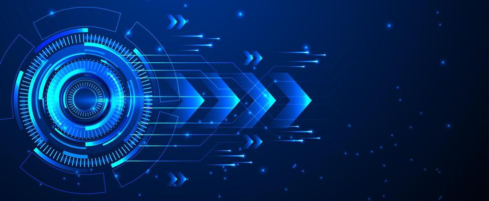 Future technology and business growth arrows on blue background with neon light effects and rings