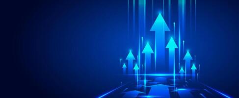 Business growth arrow on dark blue technology background with perspective speed light effect for presentation vector