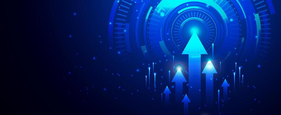 Business Technology Growth Arrow On Dark Blue Background With Future World Rings Neon Light Effect For Presentation Illustration