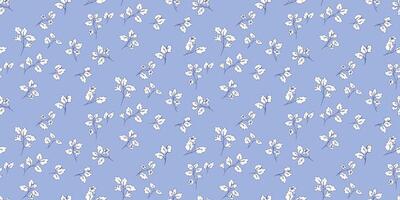 Seamless floral pattern with tiny white flowers and delicate stems on a pastel blue background. Elegant and minimalistic design for fabric, wallpaper, packaging, and wrapping paper vector