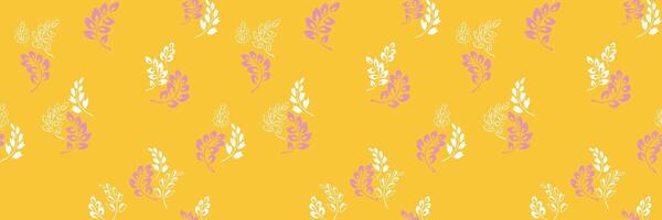 Seamless pattern with stylized tiny leaves on a bright yellow background. Minimalist plain ornament and modern botanical design for textiles, wallpapers, stationery, branding, packaging vector