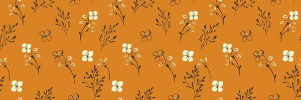 Seamless floral pattern with delicate hand drawn tiny stems, little leaves, and small flowers on a cadmium orange background. Elegant and minimalistic for fabrics, stationery vector