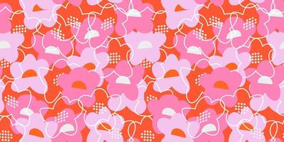 Seamless floral pattern with abstract hand drawn flowers in pink tones on a bright orange background. The playful doodle style lines create a modern, artistic, and vibrant composition vector