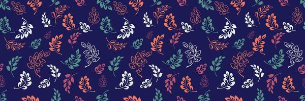 Seamless pattern featuring stylized botanical leaves in orange, green, and white on a deep navy background. Elegant design ornament for prints, textiles, wallpapers, stationery, branding vector