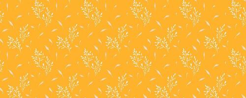 Seamless botanical pattern with delicate tiny branches and small leaves bright yellow background. Plain nature ornament for fabric, wallpaper, stationery, packaging, and elegant designs vector