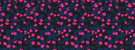 Vivid seamless pattern with tiny pink flowers and lush navy leaves on a black background. illustration. Elegant design for summer textiles, wrapping paper, digital prints vector